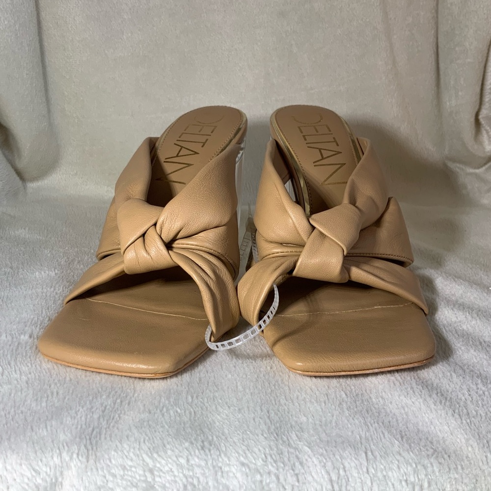 NEW Deltan “Kira” Puffy Tan Leather Square Toe Sandals Acrylic Clear Heels NWOT - Picture 3 of 10
